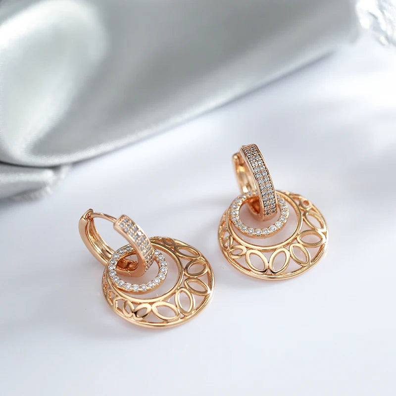 Women's Unusual Metal Sculpture Flower Natural Zircon 585 Rose Gold Dangle Earrings