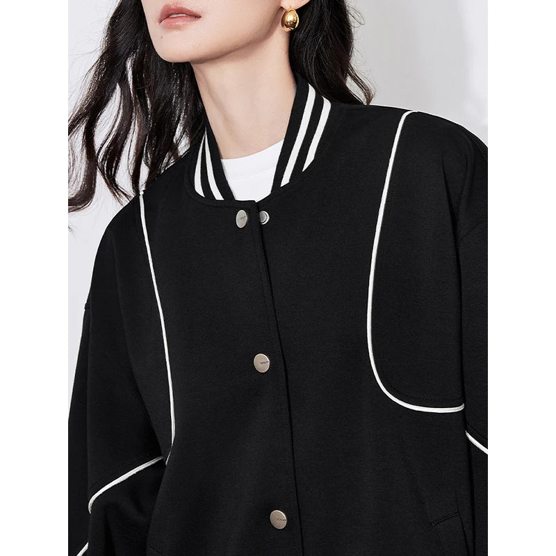 Women's College Style Contrast Colour Snap Button Long Sleeve Cardigan Baseball Jacket