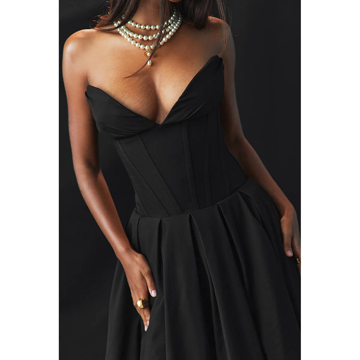 Strapless V Bar Slinky Midi Dress  Outfit - Women Frill Hem Sleeveless Corset Dress