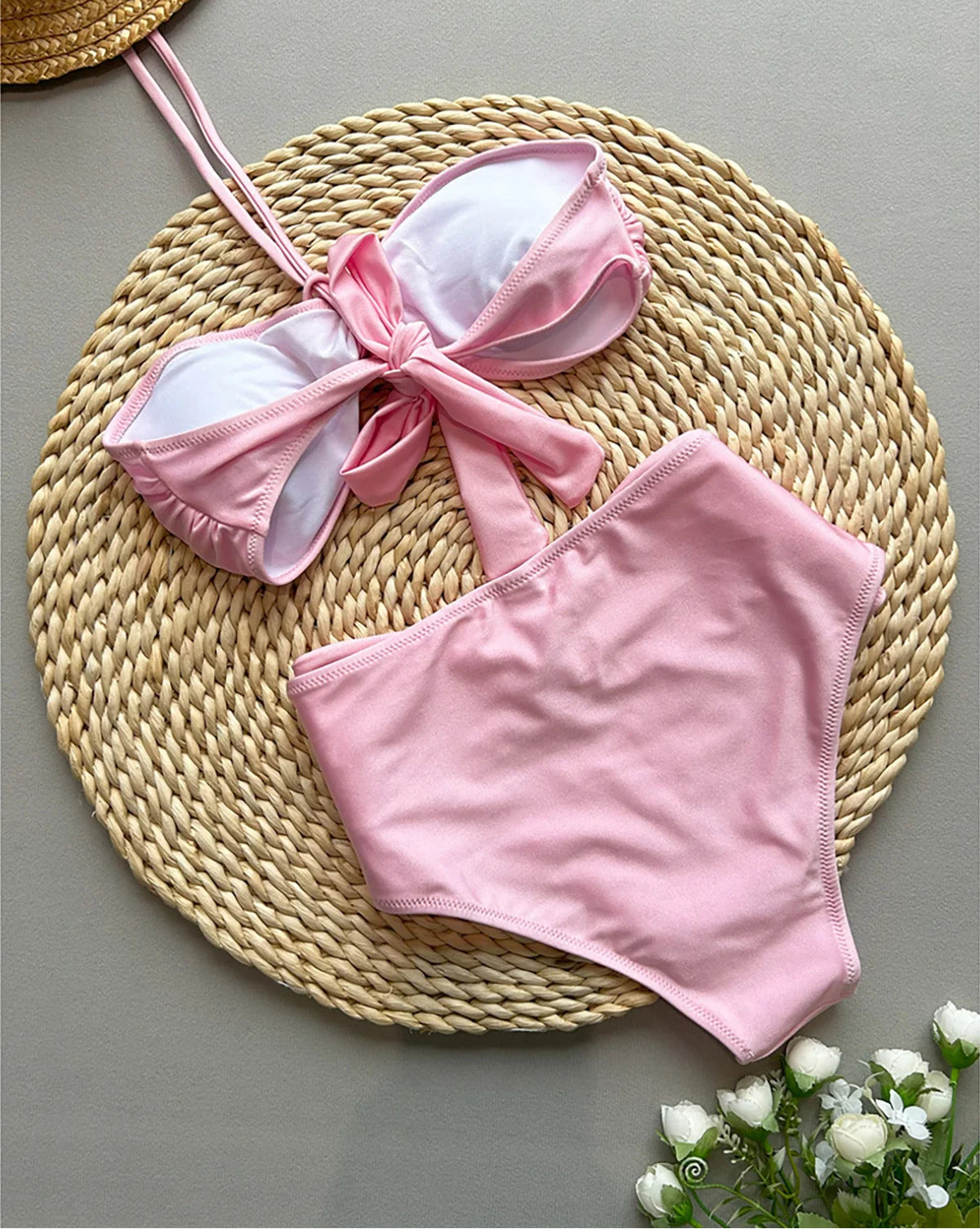 Pearl Detail High Waist Halter Bikini Set