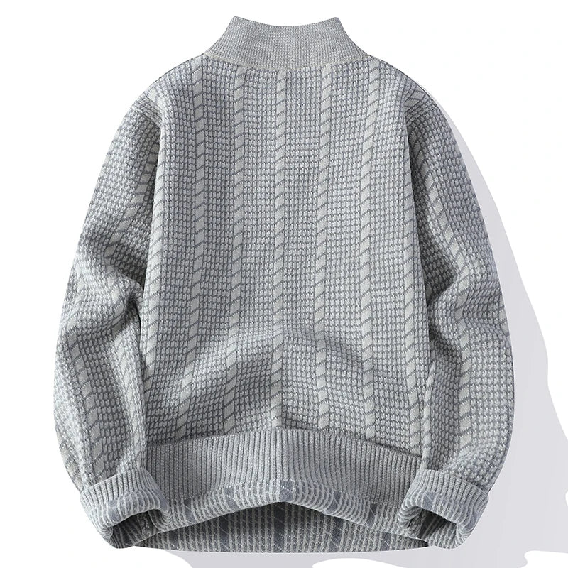 Men's Stand Collar Knitted Sweater - Loose Fit Solid Colour Pullover for Autumn Winter