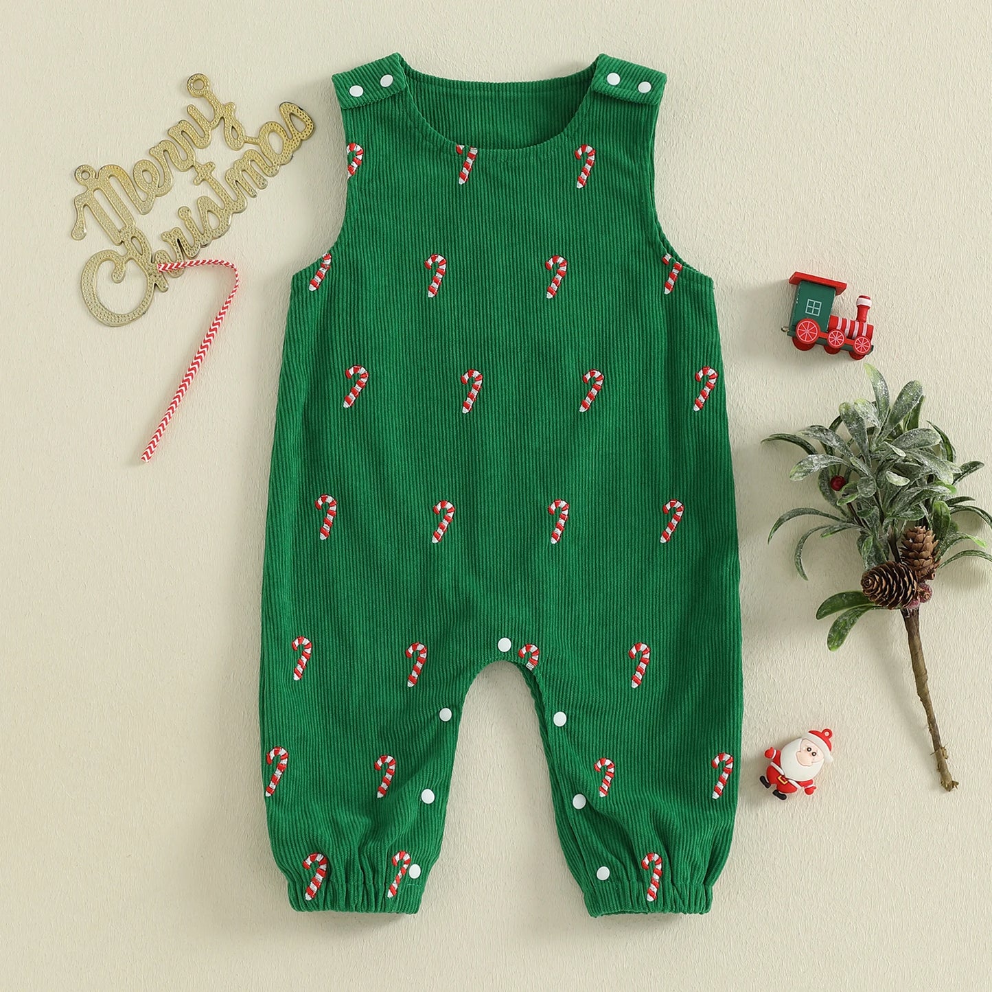 Newborn Baby Boys Christmas Romper - Sleeveless Round Neck Candy Cane Embroidery Jumpsuit