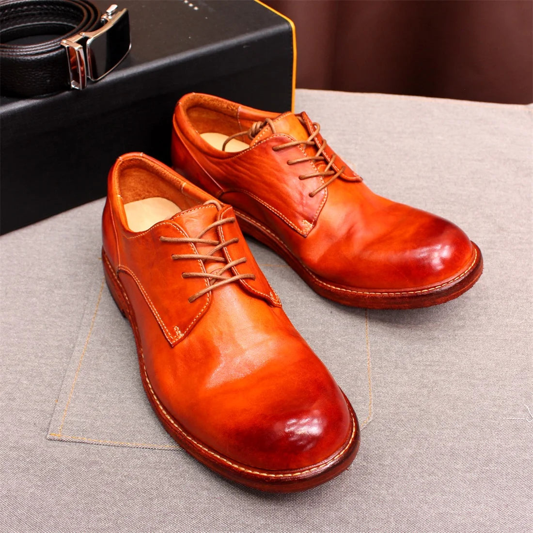 Men's Handmade Goodyear Sewn Comfortable Derby Formal Soft Leather Genuine Leather Round Toe Non-slip Casual Shoes