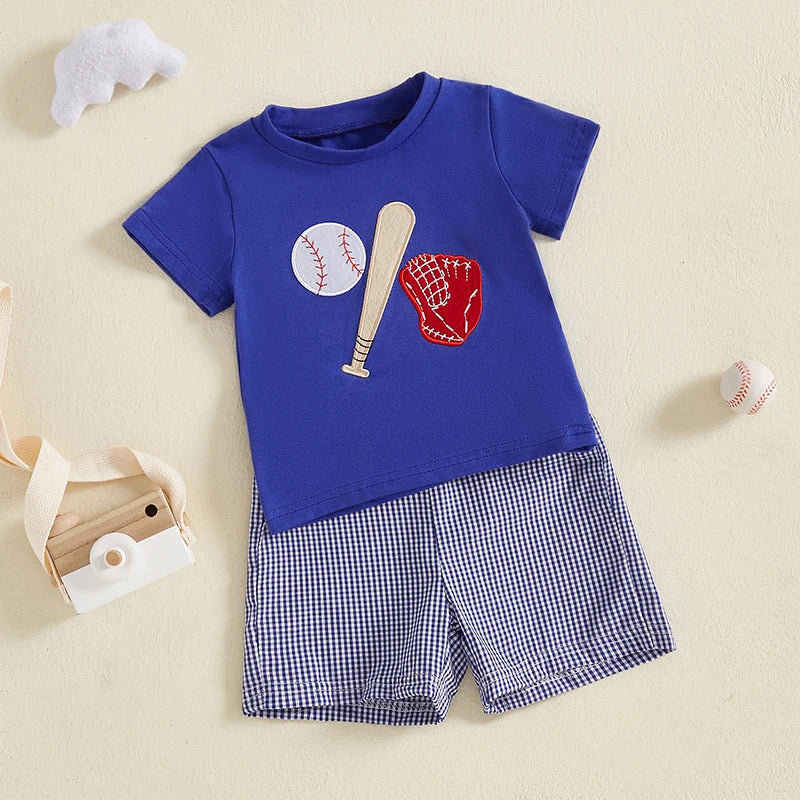 Baby Boys Baseball Outfit Set - Embroidery T-Shirt with Plaid Shorts