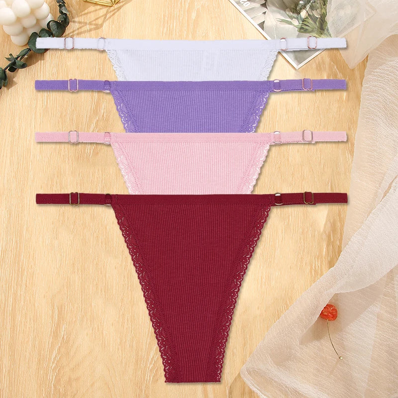 Women's Cotton Thongs 4-Piece Set - Adjustable Waistband Low-Rise Underwear