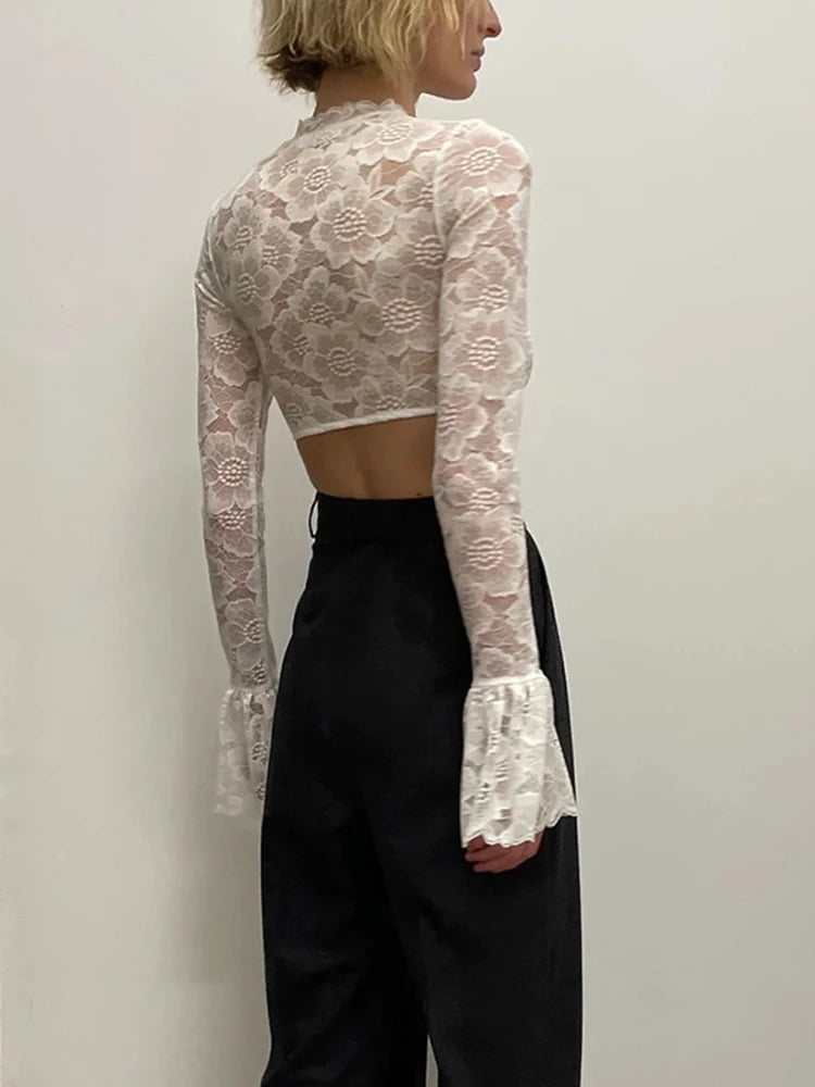 Women's Lace Sheer Flare Sleeve Cropped Top