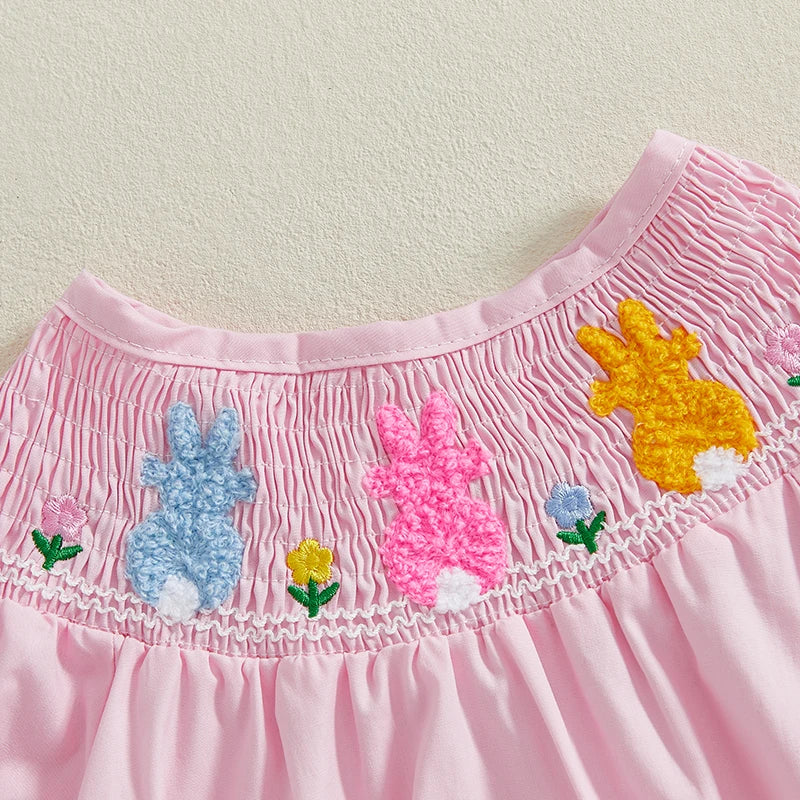 Baby Girls Easter Romper - Ruffled Sleeve Rabbit Embroidery Smocked Jumpsuit