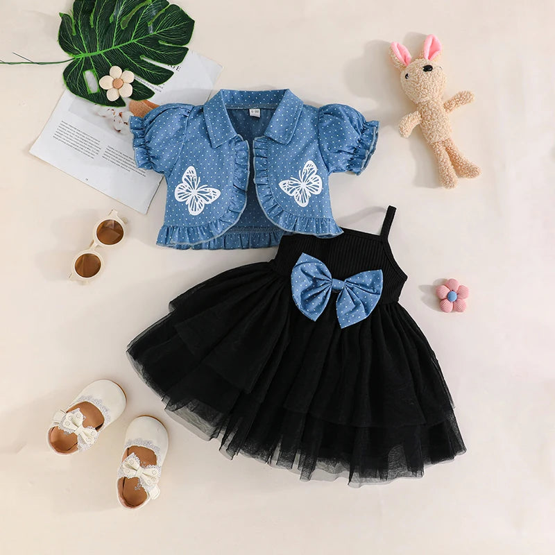 0-4Y Toddler Little Girls Summer Clothes Sets Butterfly Print Short Puff Sleeve Cardigan Tulle Strap Bow A Line Dress