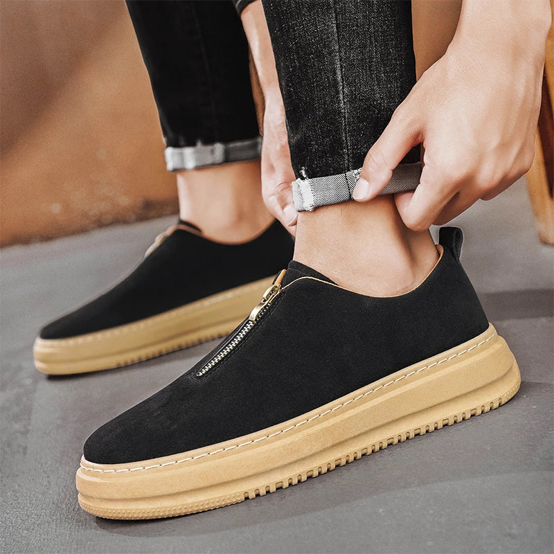 Men's Suede Leather Platform Work Shoes - Zipper Casual Business Sneakers