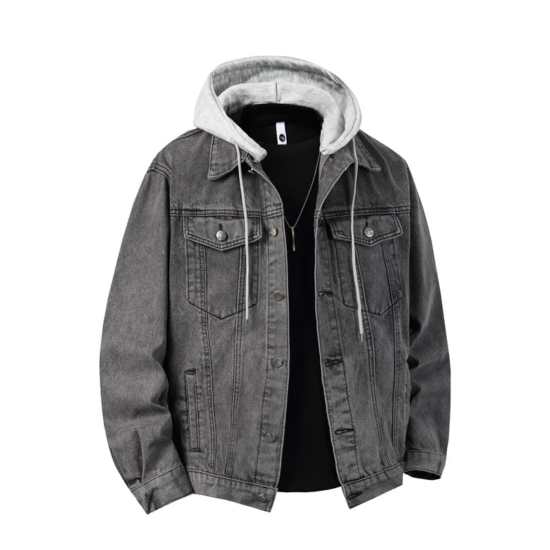 Men's Hooded Denim Jacket - Casual Streetwear Outerwear with Detachable Hood