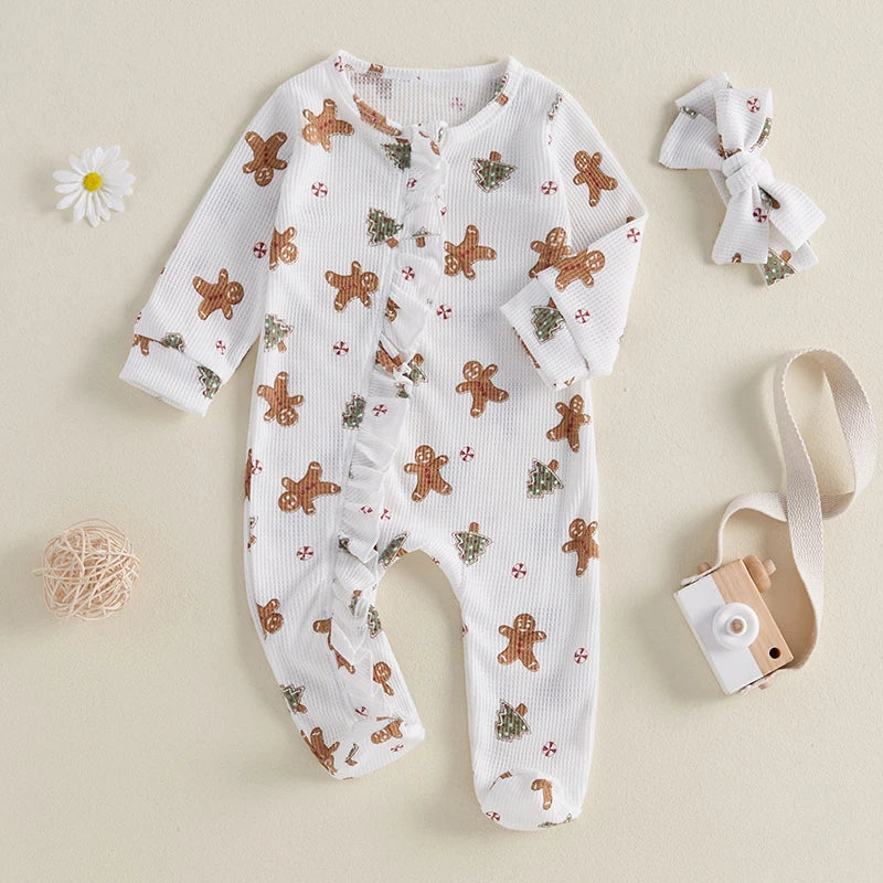 Baby Girls Boys Christmas Footies Jumpsuit Long Sleeve Gingerbread Print Ruffle Romper with Headband