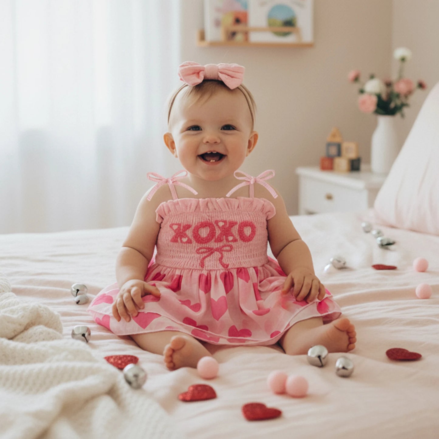 Baby Valentine's Day Romper Set - Letter Embroidery Jumpsuit with Bow Headband