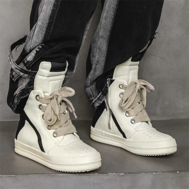 Men's High-Top Leather Sneakers - Lace-Up Ankle Boots