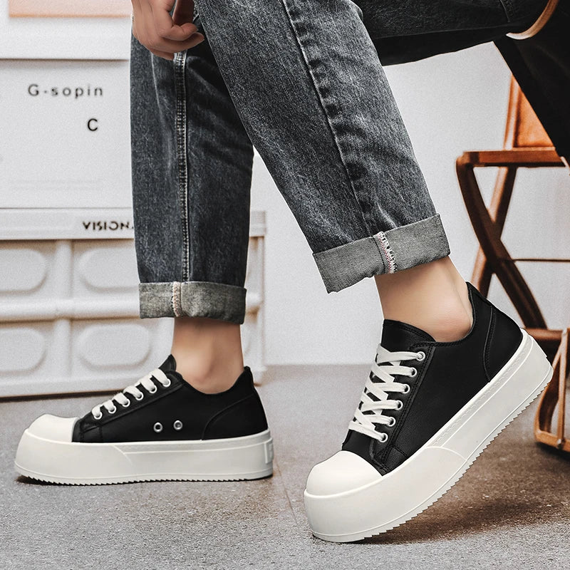 Men's Leather Platform Sneakers - Vulcanized Tennis Sports Shoes