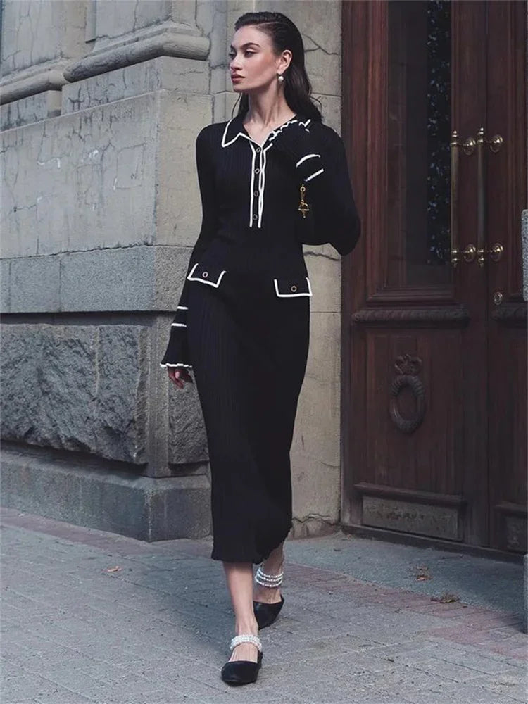 Women's Knitted Ruffled Rib High Waist Long Sleeve Banquet Dress