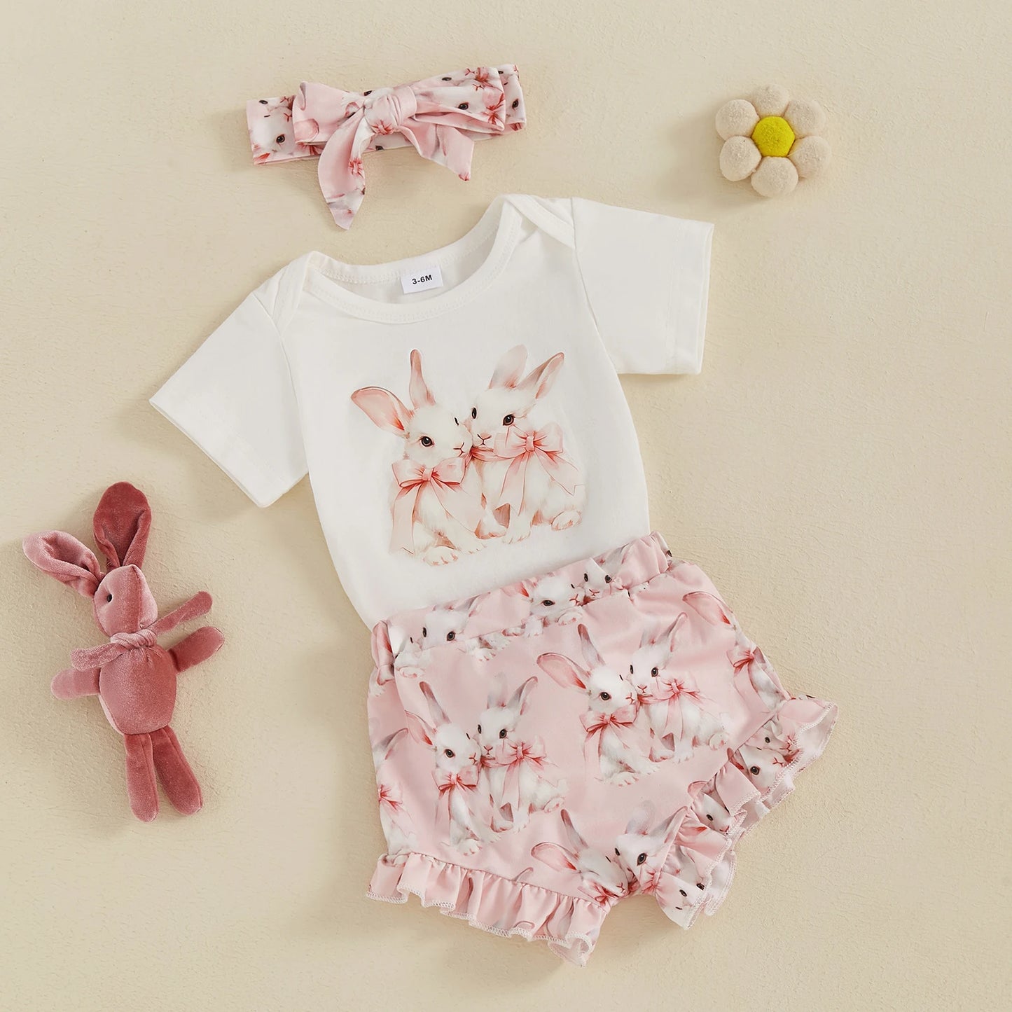 3pcs Baby Girls Easter Clothes Sets 0-18M Rabbit Print Short Sleeve Romper and Shorts Cute Headband