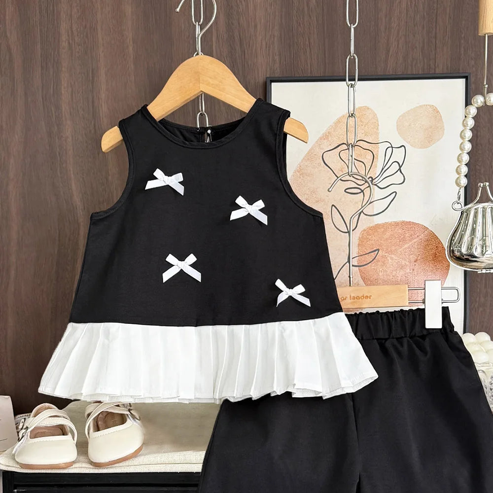 Girl's 3D Bow Round Neck Sleeveless Top and Short 2-Pcs Set