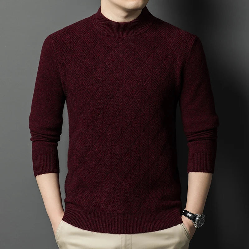 Men's Mock Neck Knitted Sweater - Slim Fit Thick Warm Pullover for Winter