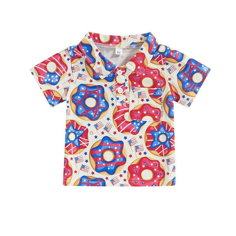 0-4Y Toddler Kids Boys T Shirt Short Sleeve Eagle/Donut/Bull/Fireworks Print Pullover Tops for Independence Day