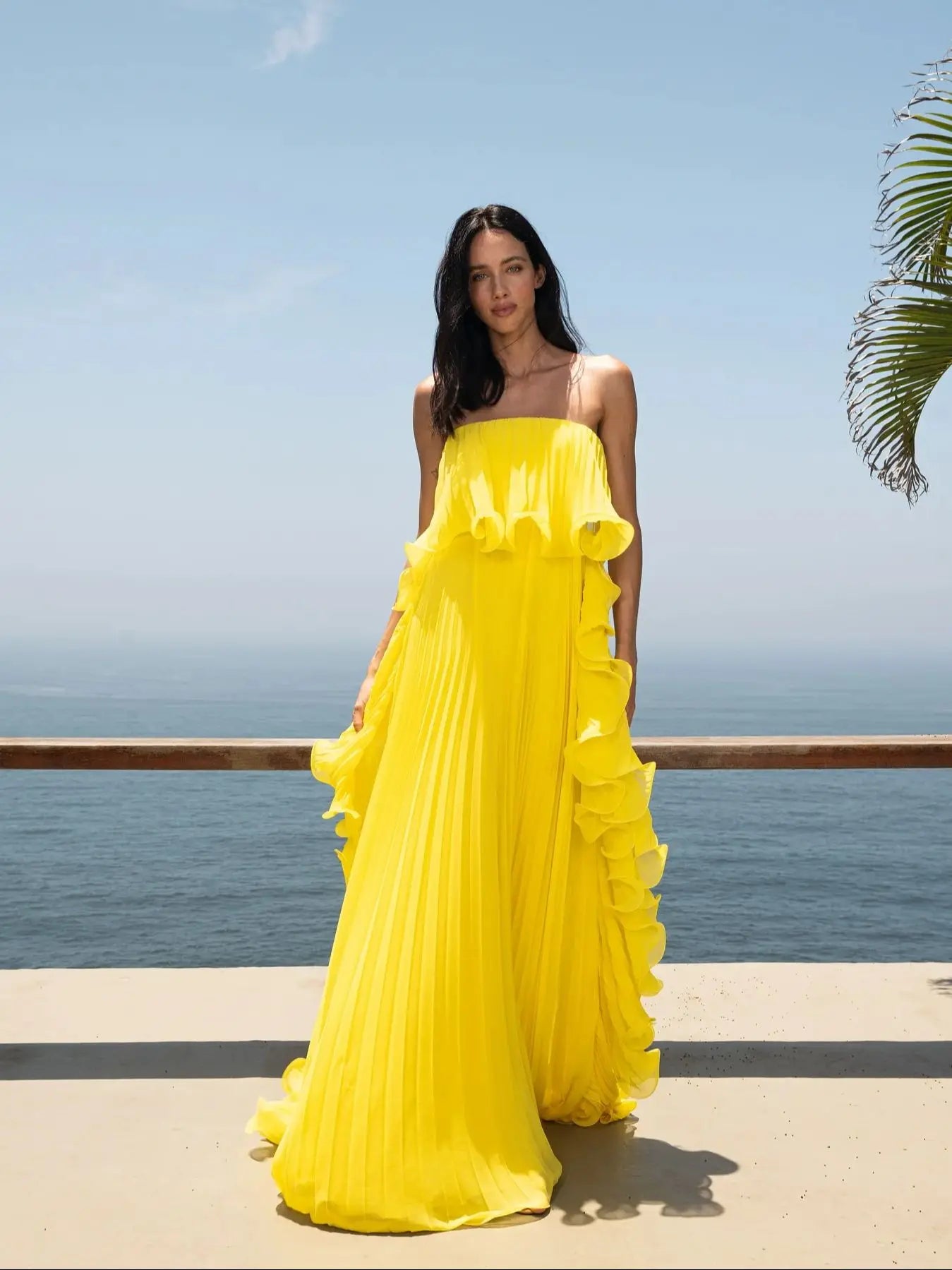 Pleated Wrap Maxi Dress - Off-Shoulder Cape Gown