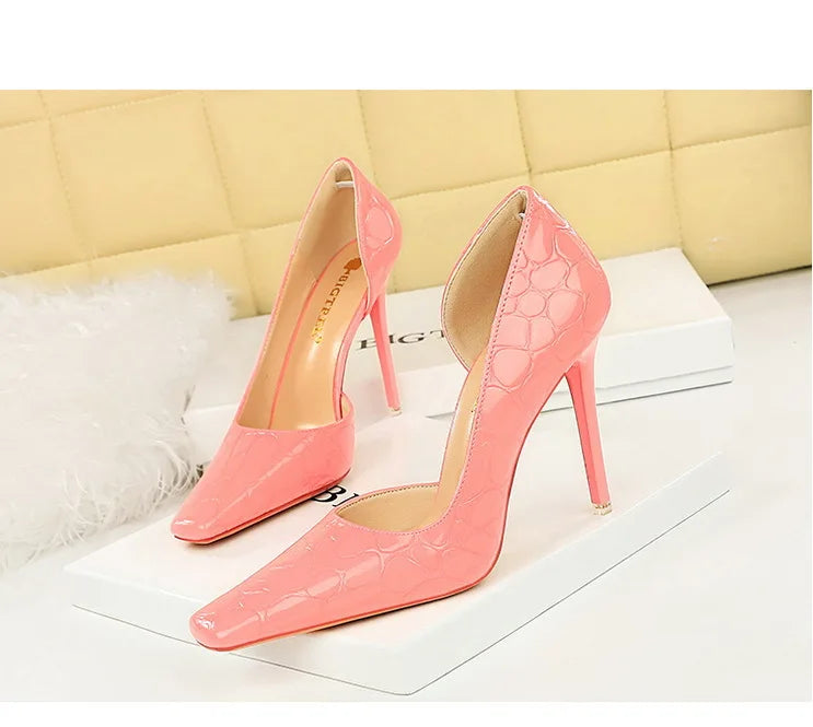 Women's Patent Leather Stone Pattern High Heels Square Head Stilettos Shoes