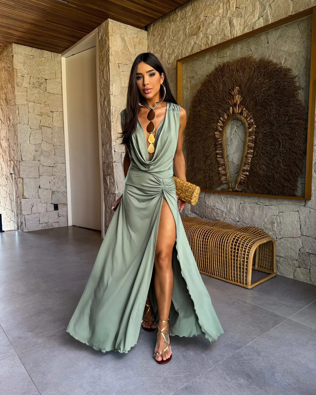 Women's Chiffon Metallic Cut-Out Dress - V-Neck Backless Halter with Ruched Detail