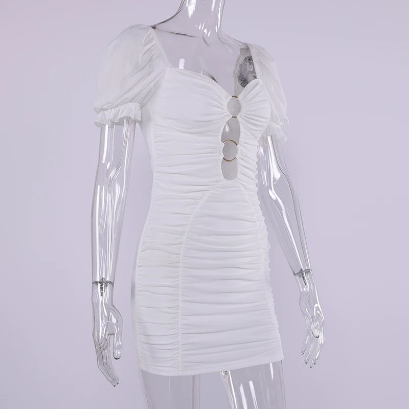 White Hollow Out Ruched Bodycon Mini Dress - Backless High Waist Party Dress