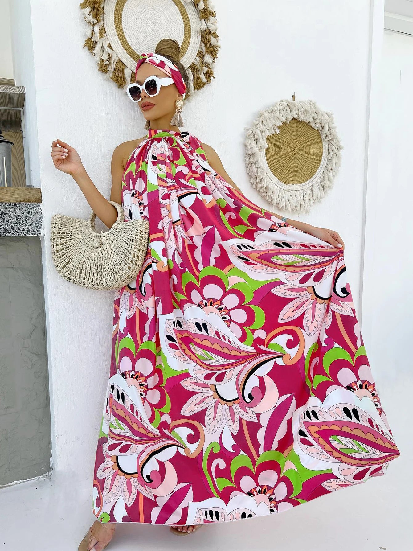 Women's Elegant Floral Printed Long Halter Beach Dress Loose Summer Bikini Cover Up