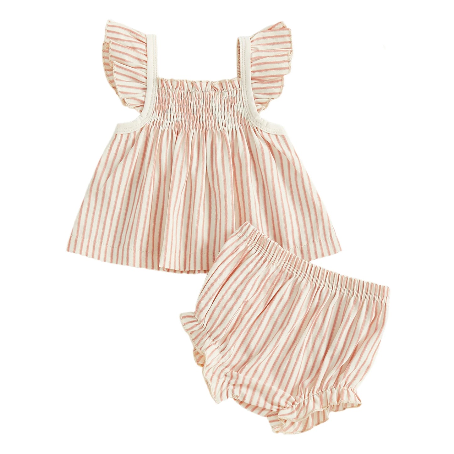 Baby Girls Striped Summer Outfit Set - Flying Sleeve Top & Shorts (0-24M)