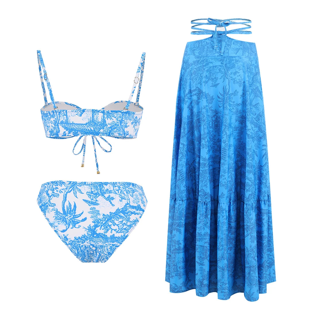 Women's Printed Strapless Bra Top & A-Line Maxi Skirt Three-Piece Beach Set