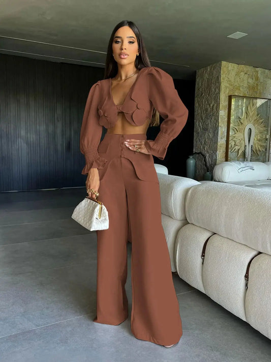 Women's Two Piece Set With Pants Summer Long Sleeve  Short Top Wide Leg Pants Set