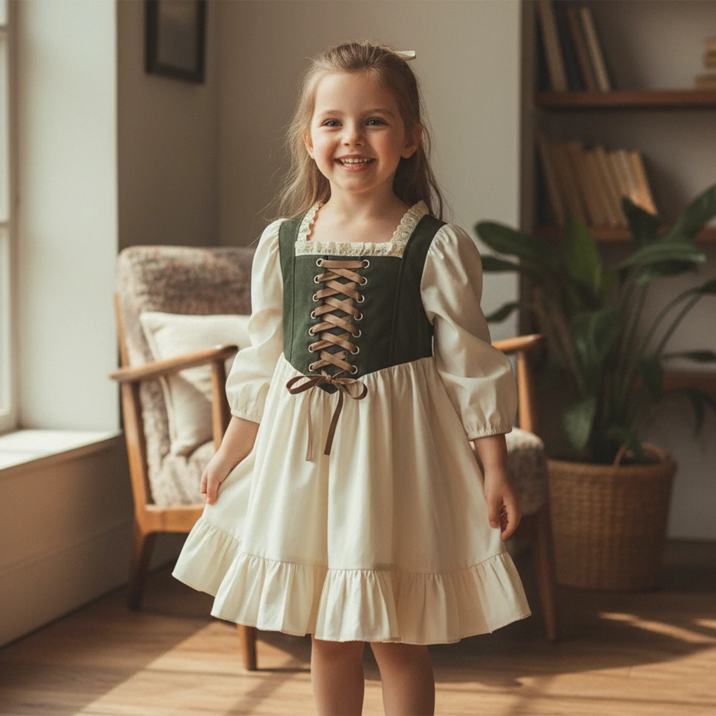 Girls Holiday Dress - Lace Trim Square Neck Ruffle Dress with Long Sleeves