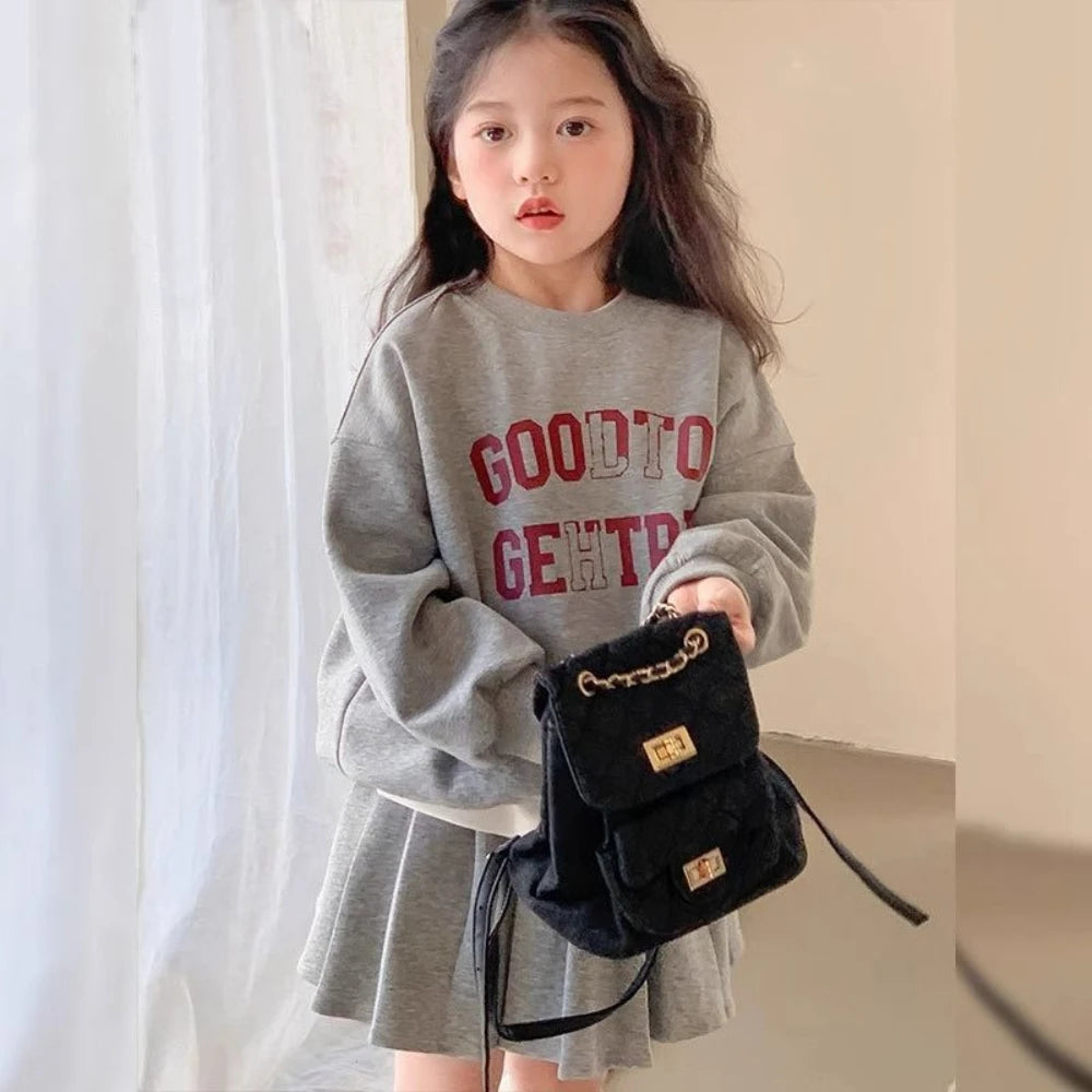 Girl's Printed Letter Hoodie and Pleated Skirt 2PCS Set