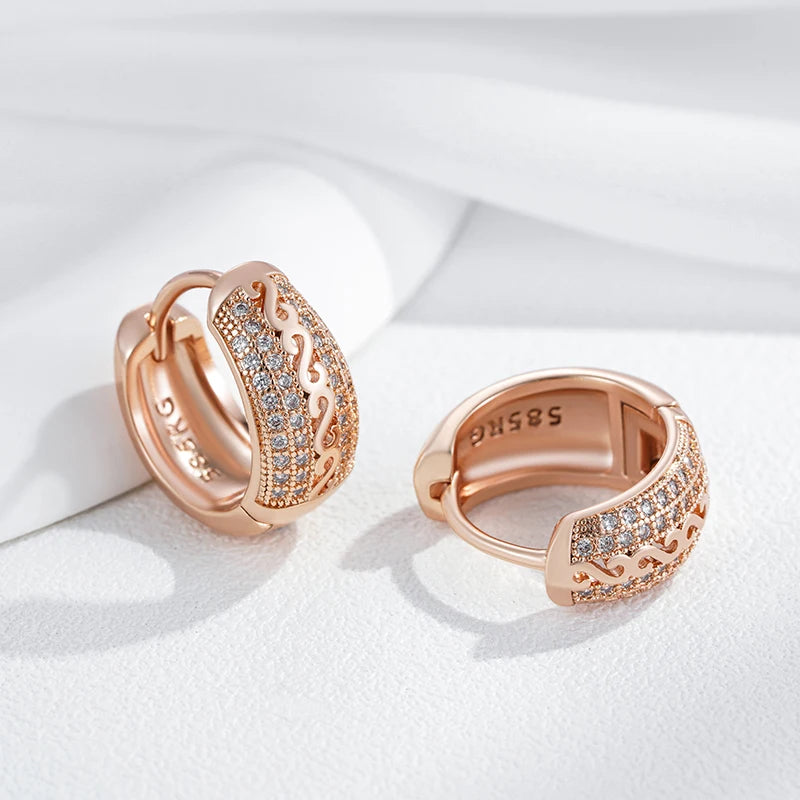 Women's Hollow Pattern  Natural Zircon  585 Rose Gold Color Hoop Earrings