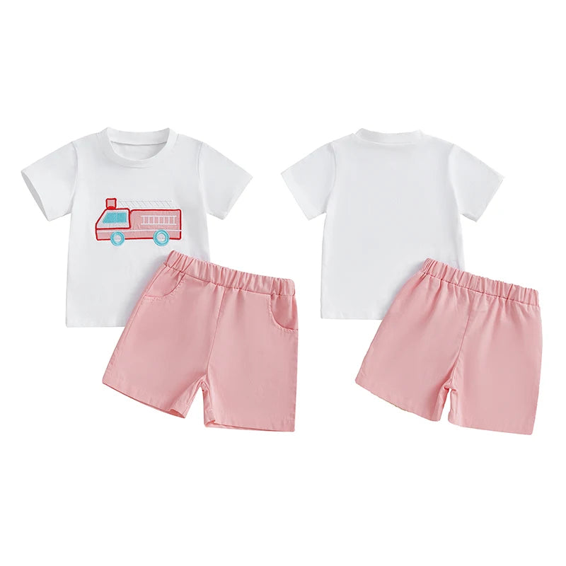 0-4Y Kids Girls Boys Clothes Sets Flag/Car Embroidery Short Sleeves T-Shirt and Elastic Shorts
