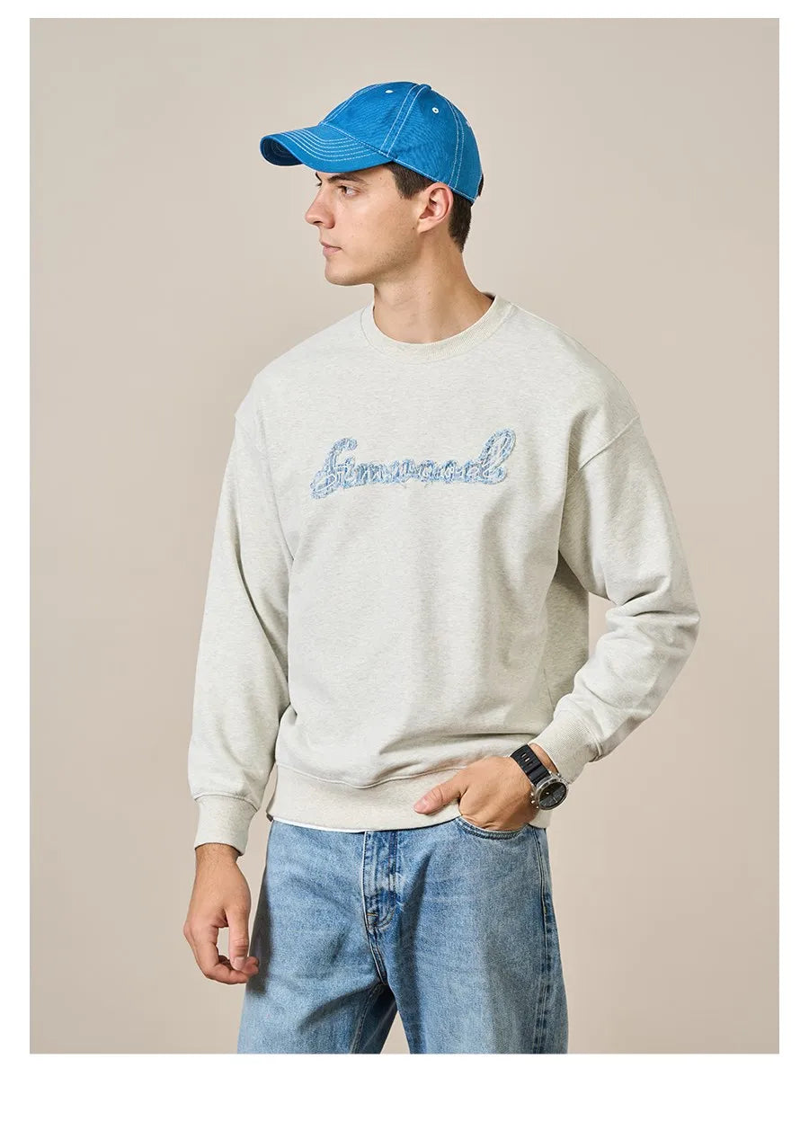 Men's Heavyweight Oversized Letter Embroidery Sweatshirt – 390g Cotton Pullover