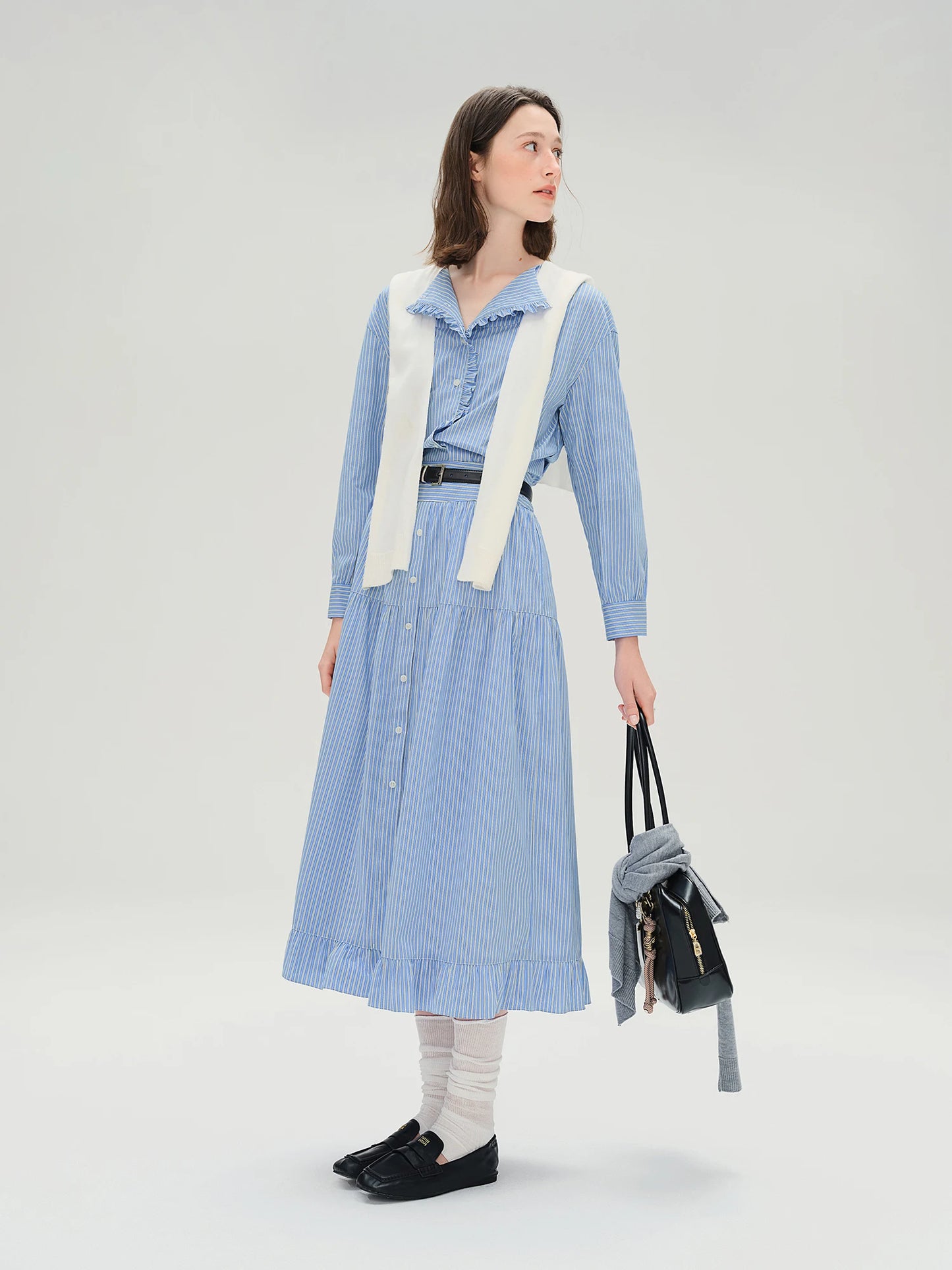 Plus Size Striped Shirt & Skirt Set with Wooden Collar Detail