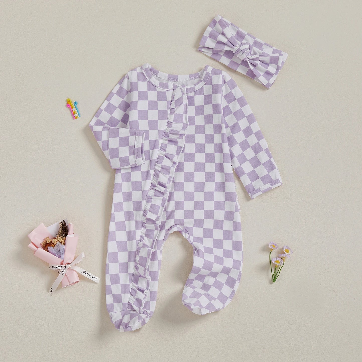Newborn Baby Footie Set with Headband - Checkerboard Ruffled Zip Front Jumpsuit