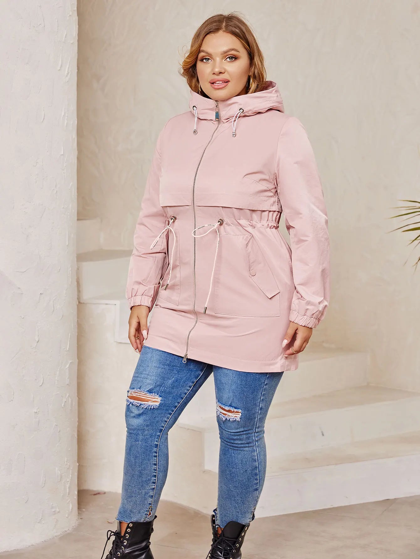 Women's Hooded Trench Coat - Plus Size Casual Windbreaker