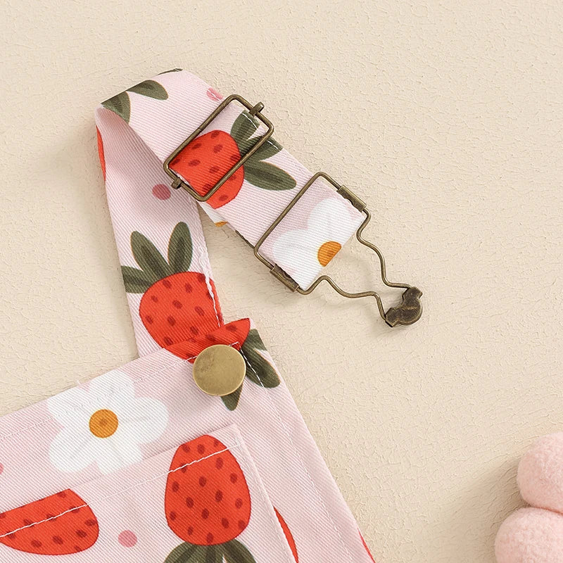 Kids Girls Overalls Shorts 0-6Y Sleeveless Straps Strawberry/Flower Print Denim Button Pocket Jumpsuit