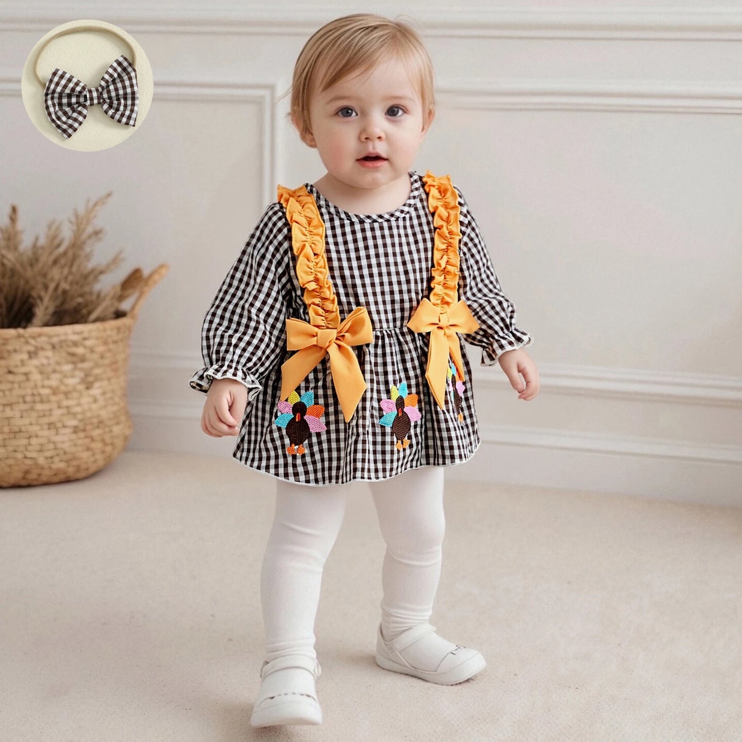Baby Girls Thanksgiving Romper Dress with Headband - Turkey Plaid Ruffle Long Sleeve Jumpsuit