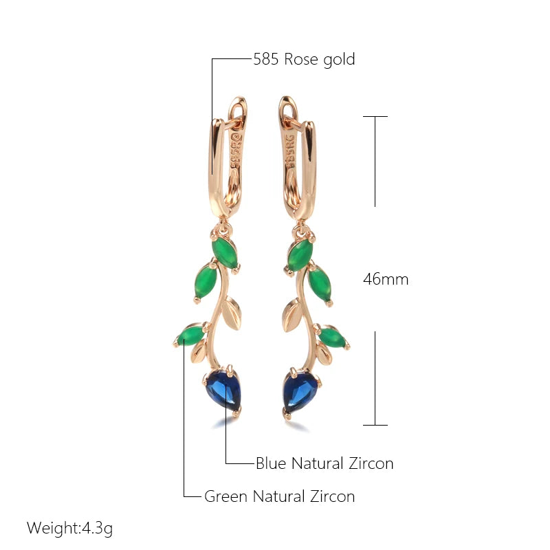 Women's 585 Rose Gold With Shiny Green Natural Zircon Long Leaf Drop Earrings