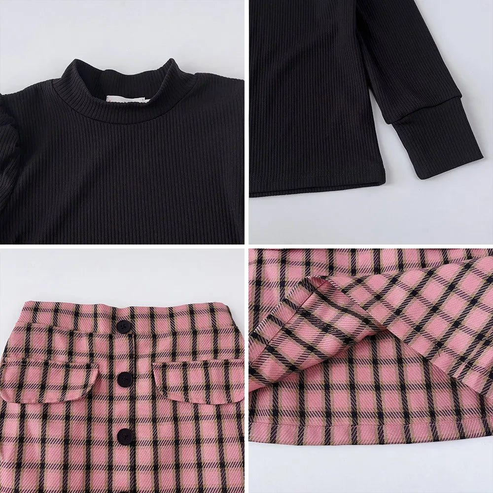 Girls Three Piece Clothes Set Solid Colour High Neck Base Shirt and Plaid Skirt and Hat Set