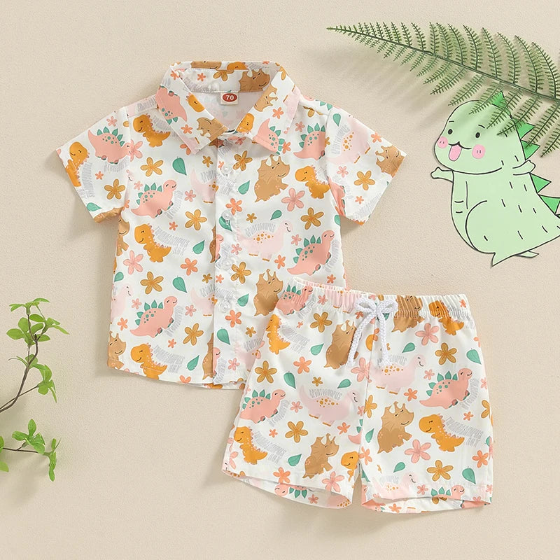 0-3Y Toddler Baby Boys Summer Clothes Sets 2pcs - Short Sleeve Dinosaur Print Button Up Top and Shorts Set