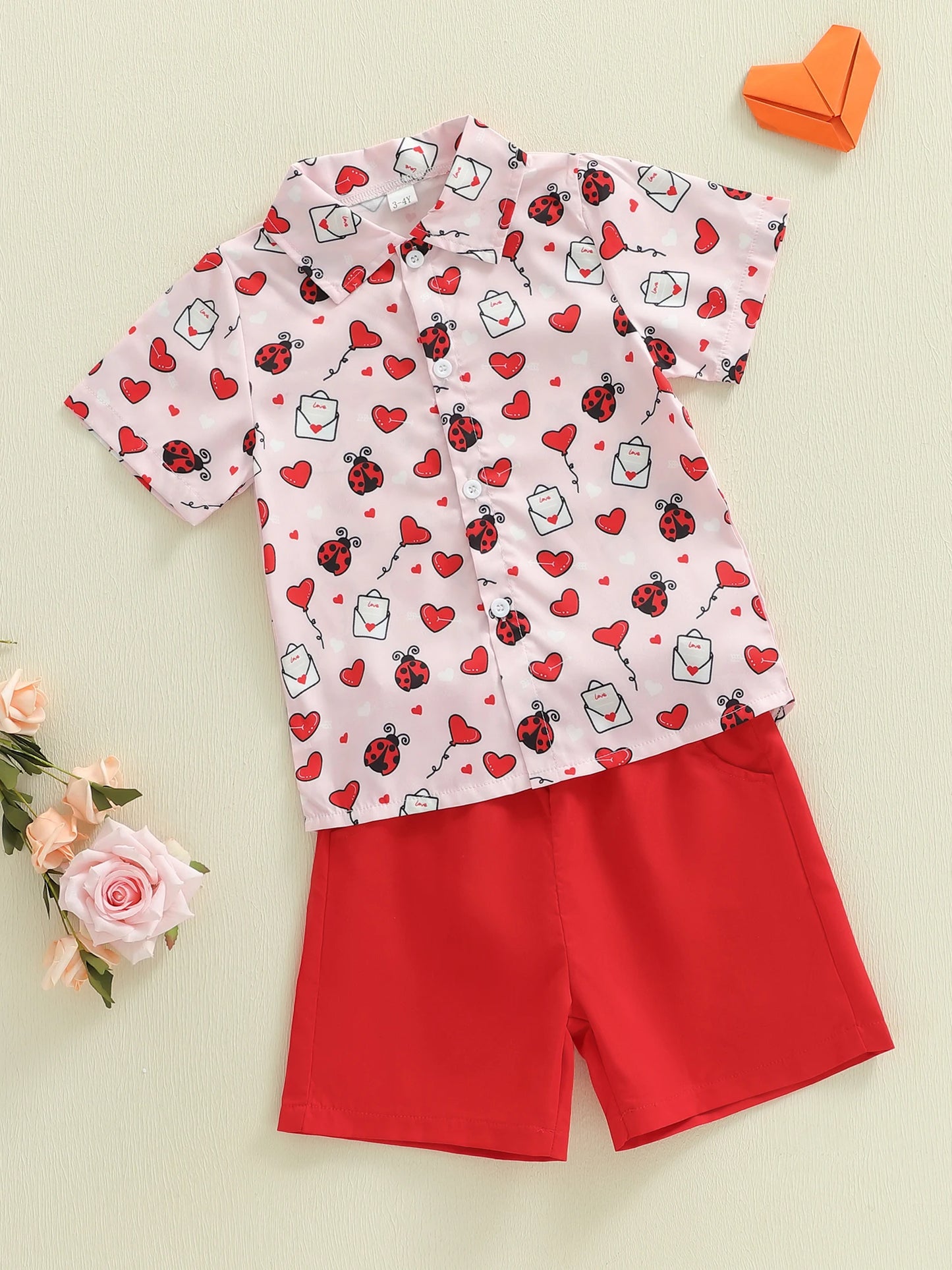 Toddler Boys Valentine's Day Gentleman Outfit Set - Heart Print Shirt & Shorts 1-5Y