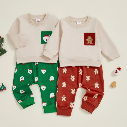 Baby Boys Christmas Gingerbread Outfit Set - Long Sleeve O-Neck Top & Drawstring Pants (0-3Y)