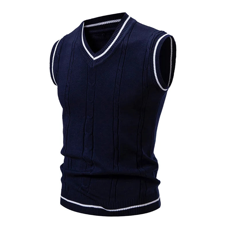 Men's V-Neck Knit Vest - Slim Fit Sleeveless Patchwork Sweater Vest for Autumn Winter