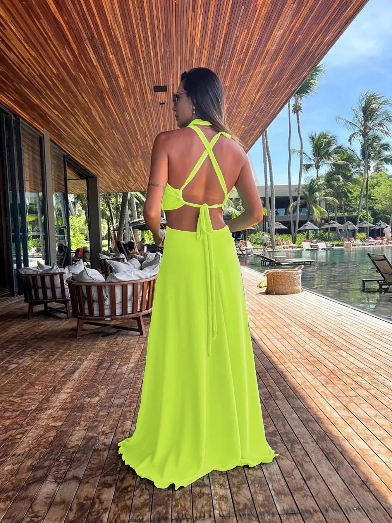 Women's Halter Neck Tie Backless Beachwear Green Cover Up Long Dress