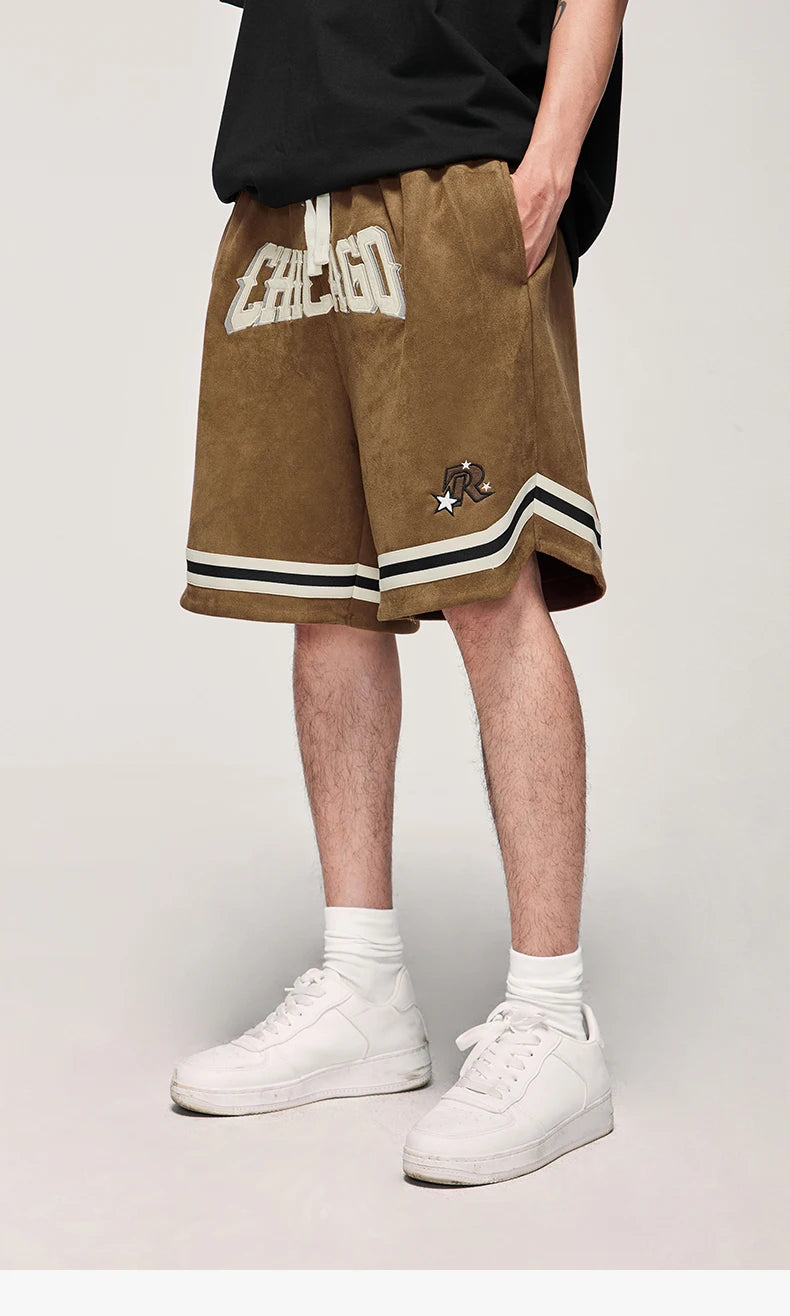 Men's Brown Basketball Elastic Waist Faux Suede Sports Shorts