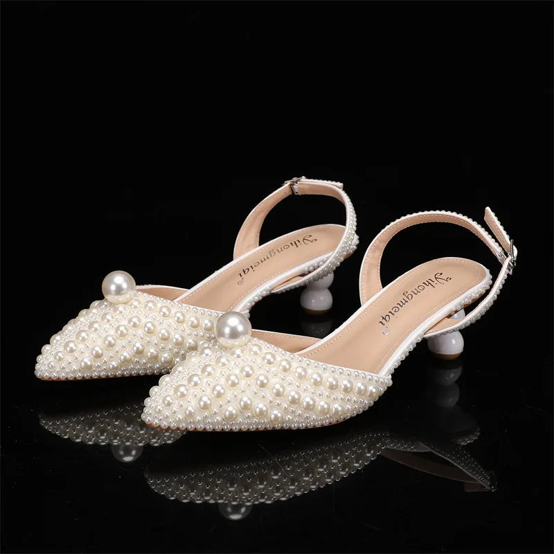 Women's 5cm Round Heel Shaped Heel Pearl Sandals